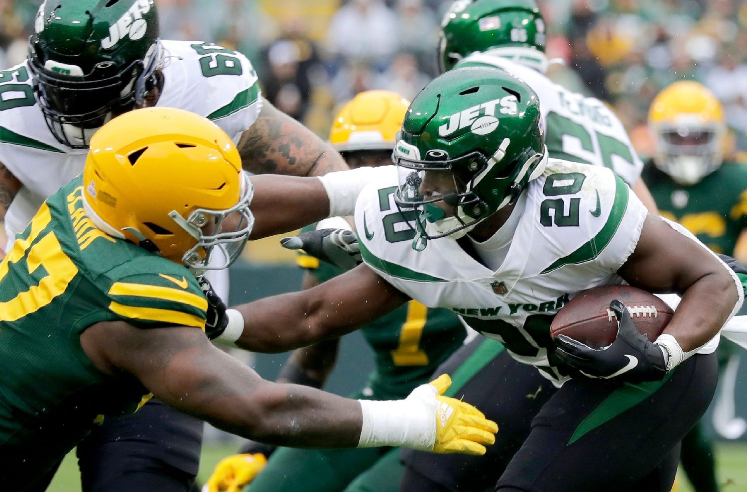 Green Bay Packers defensive tackle Kenny Clark (97) tackles New York Jets running back Breece Hall (20) during their football game on Sunday, October 16, 2022 at Lambeau Field in Green Bay, Wis. Wm. Glasheen USA TODAY NETWORK-Wisconsin

Apc Green Bay Vs Jets 39729 101622wag