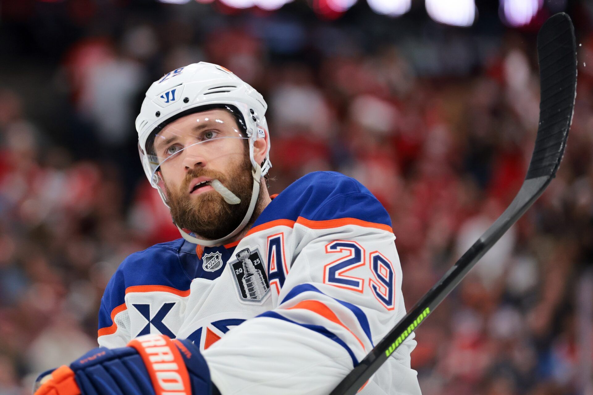 Edmonton Oilers center Leon Draisaitl (29) reacts during the second period in game six of the 2025 Stanley Cup Final against the Florida Panthers at Amerant Bank Arena.