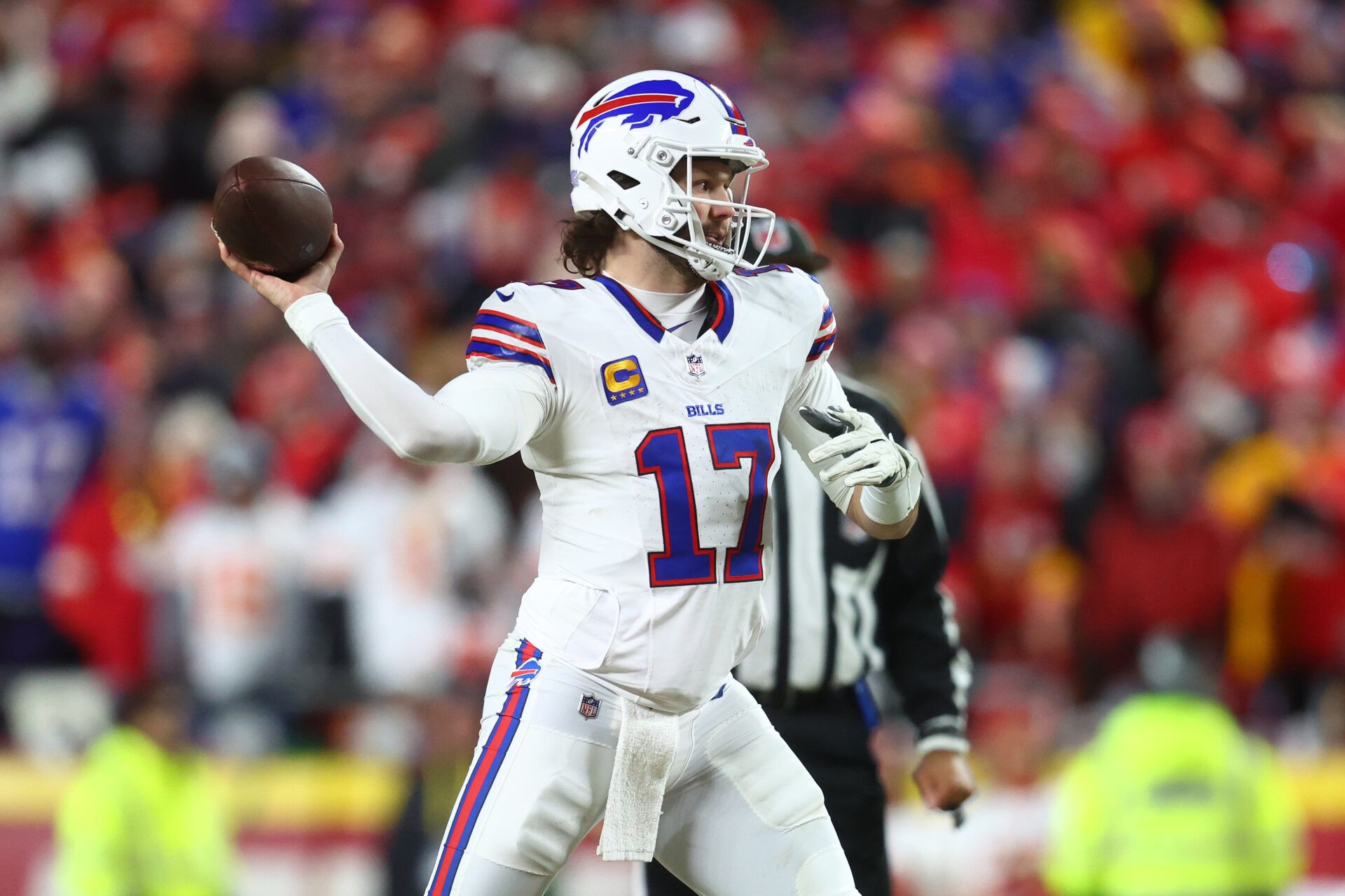 Buffalo Bills quarterback Josh Allen (17) drops back to pass against the Kansas City Chiefs during the first half in the AFC Championship game at GEHA Field at Arrowhead Stadium.