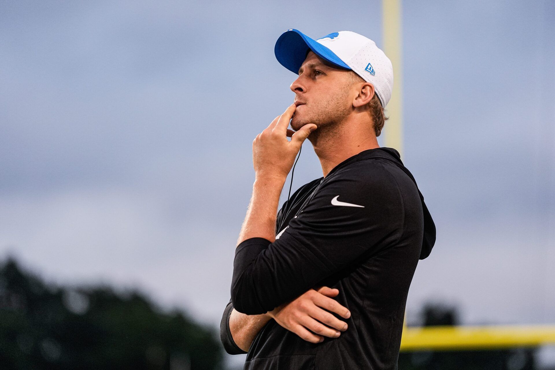 Detroit Lions quarterback Jared Goff looks on from the sideline during the first half of the Hall of Fame Game in preseason against the LA Chargers at Tom Benson Hall of Fame Stadium in Canton, Ohio on Thursday, July 31, 2025.