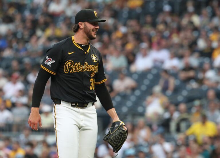 Pittsburgh Pirates starting pitcher Paul Skenes (30) reacts after striking out Cincinnati Reds shortstop Elly De La Cruz (not pictured) to end the third inning at PNC Park.