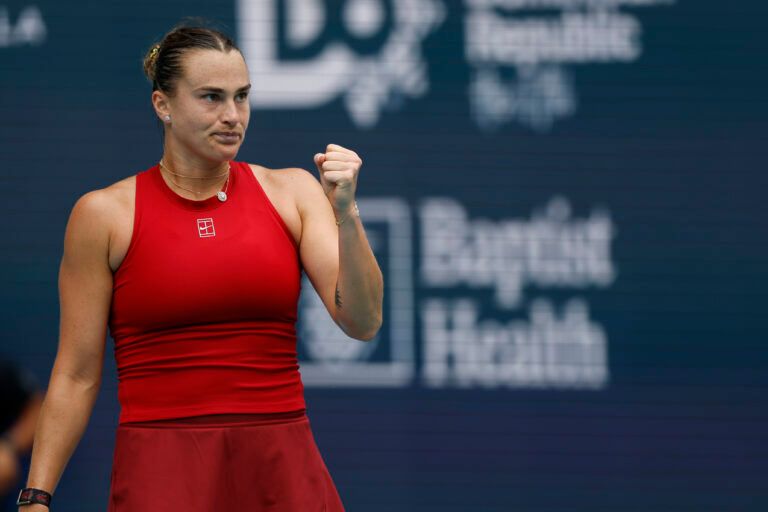 Aryna Sabalenka reacts after winning the first set against Jessica Pegula (USA)(not pictured) in the women's singles championship of the Miami Open at Hard Rock Stadium.