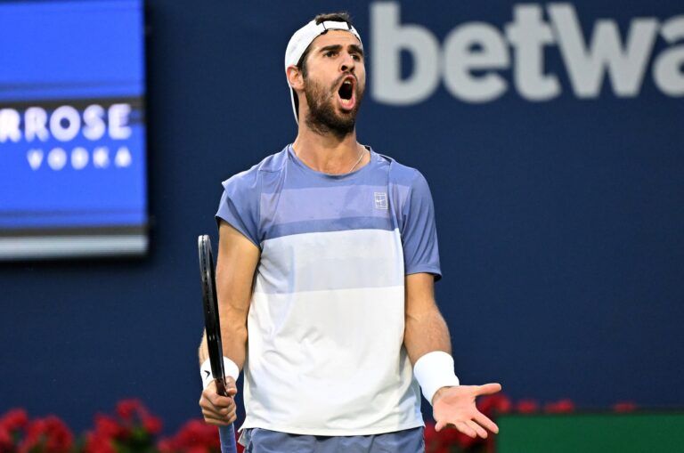 Karen Khachanov reacts after losing a point against Ben Shelton (USA) during the singles final at Sobeys Stadium.