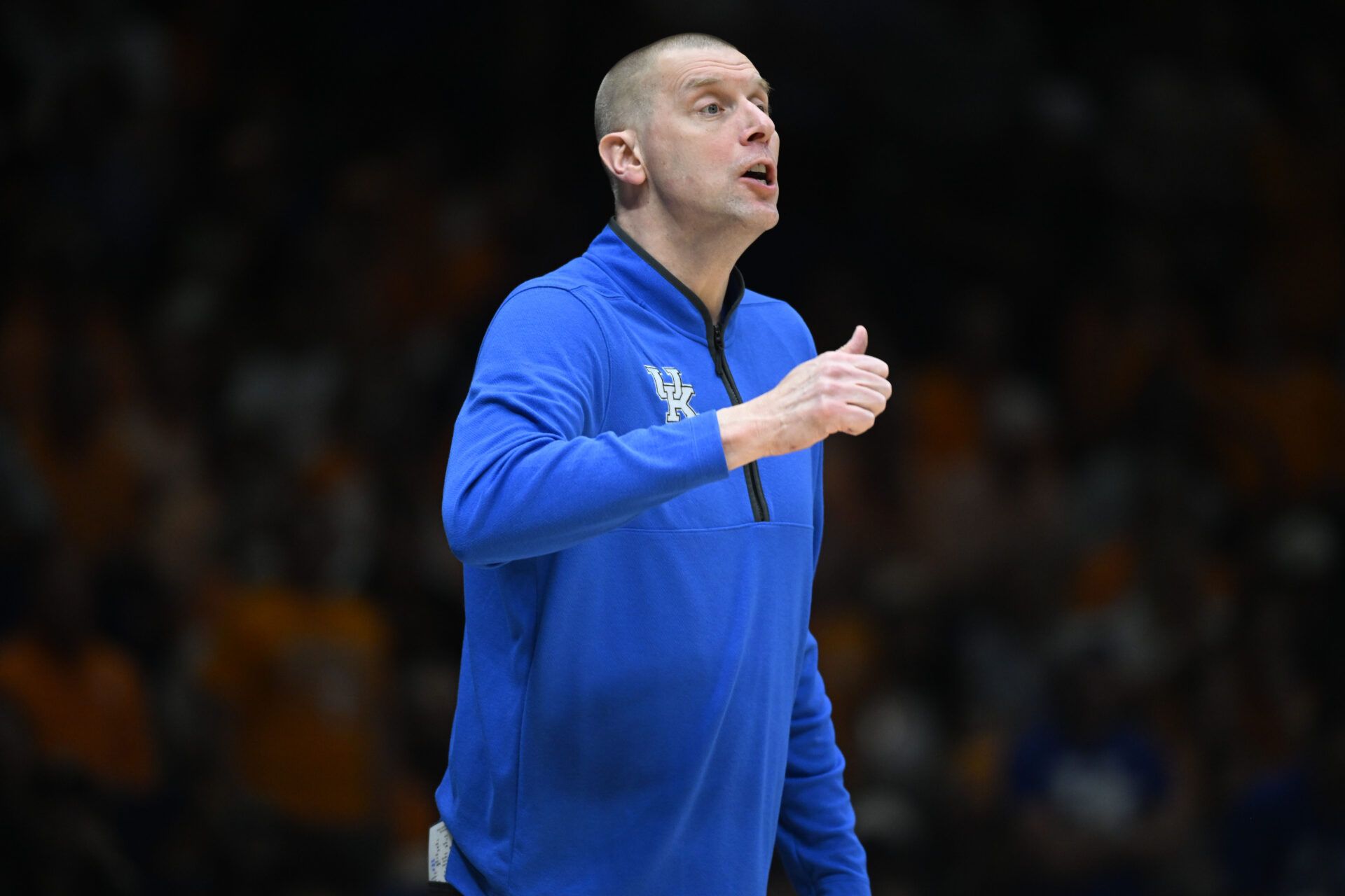 Kentucky Wildcats head coach Mark Pope in the first half during a Midwest Regional semifinal of the 2025 NCAA tournament at Lucas Oil Stadium.