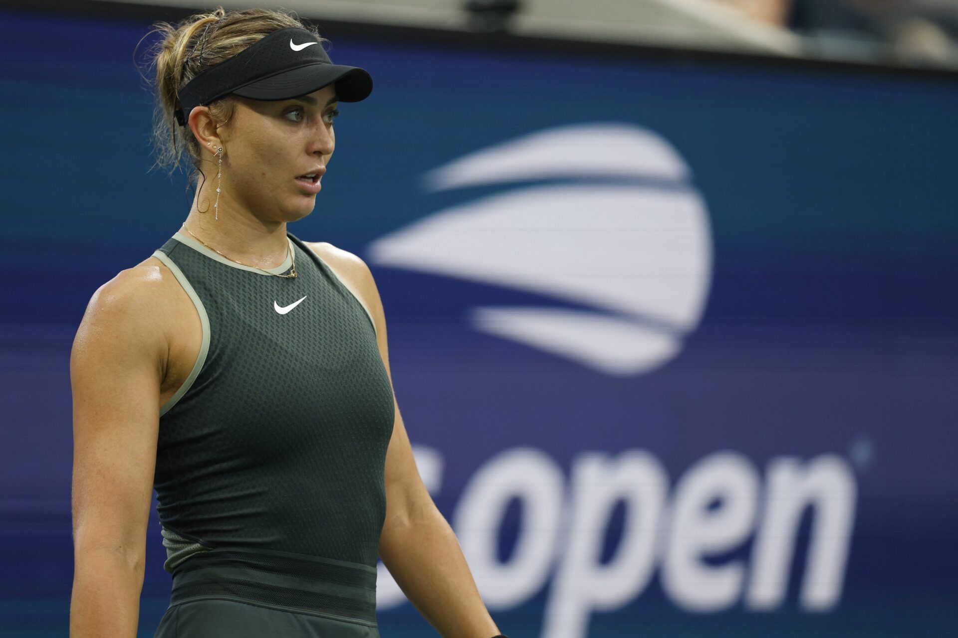 Paula Badosa (ESP) stands on court between points against Yafan Wang (CHN)(not pictured) in a women's singles match on day seven of the 2024 U.S. Open tennis tournament at USTA Billie Jean King National Tennis Center.