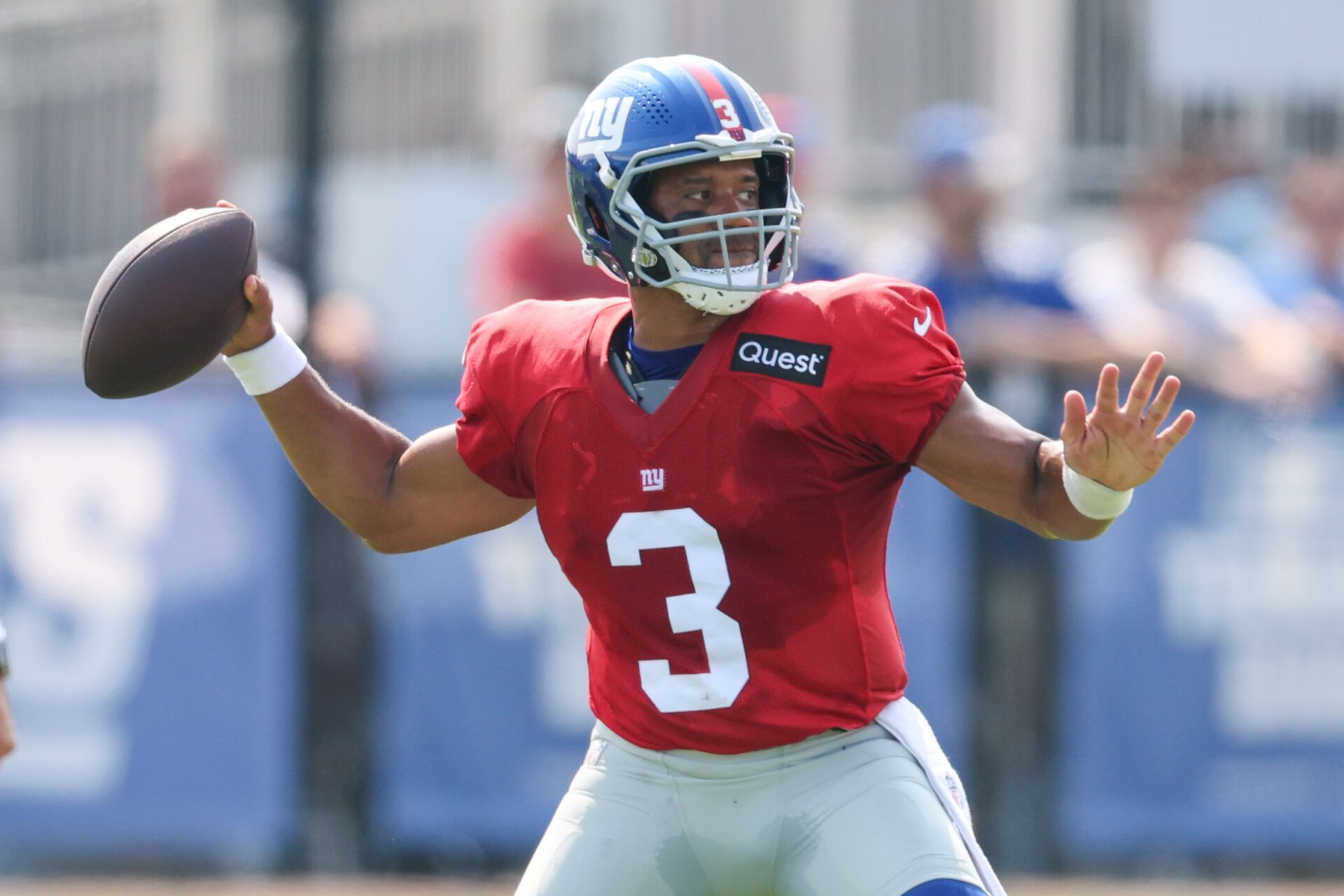 New York Giants quarterback Russell Wilson (3) throws the ball during training camp at Quest Diagnostics Training Center.