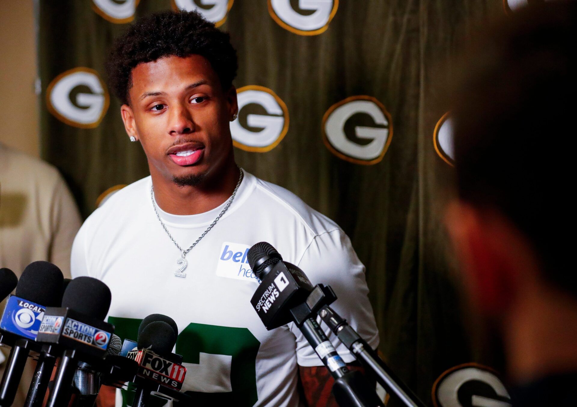 Green Bay Packers wide receiver Matthew Golden is interviewed by the media during rookie minicamp on Friday, May 2, 2025, at Lambeau Field in Green Bay, Wisconsin. The Packers selected Golden with their first round pick in the 2025 NFL Draft.
Tork Mason/USA TODAY NETWORK-Wisconsin