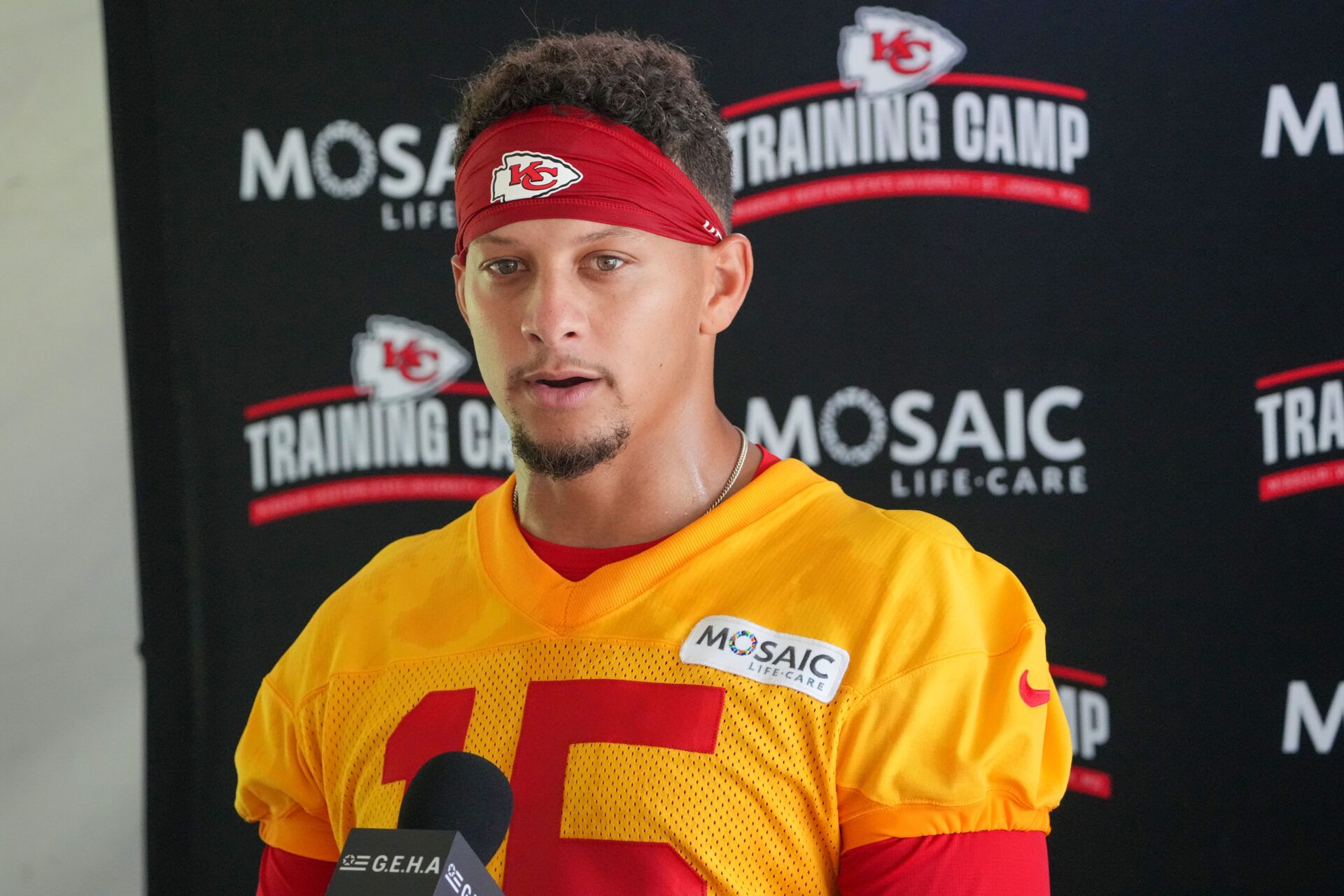 Kansas City Chiefs quarterback Patrick Mahomes (15) speaks to media after training camp at Missouri Western State University.