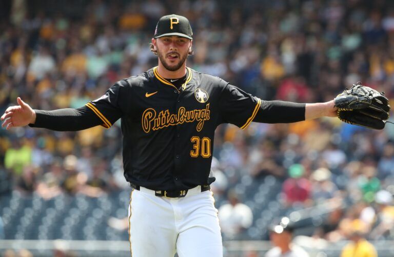 Pittsburgh Pirates starting pitcher Paul Skenes (30) reacts after pitching six scoreless innings against the Arizona Diamondbacks at PNC Park.