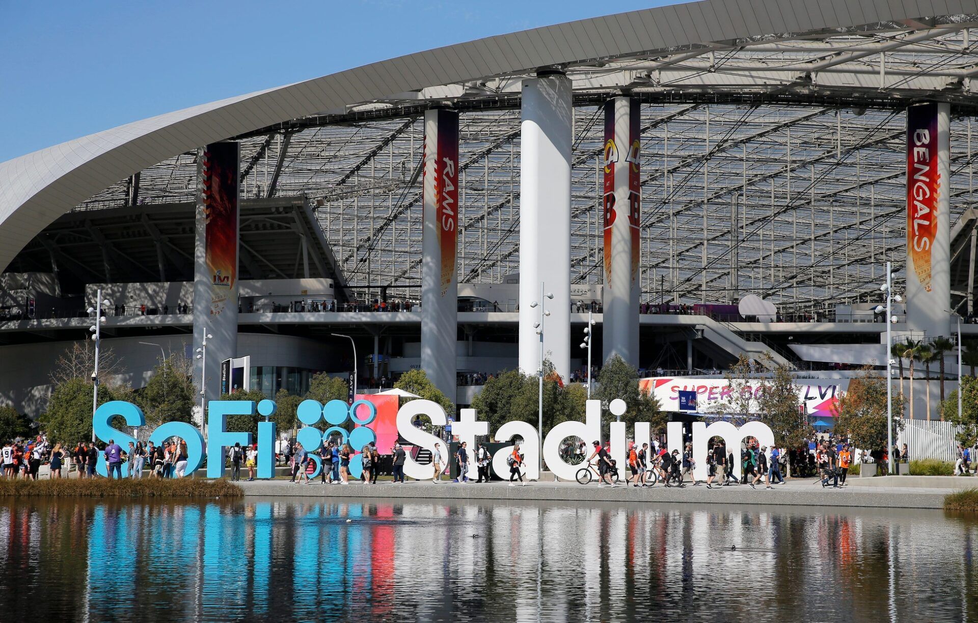 Fans take photos outside of SoFi Stadium in Inglewood, California Sunday February 13, 2022 before the Bengals face the Rams in Super Bowl 56.