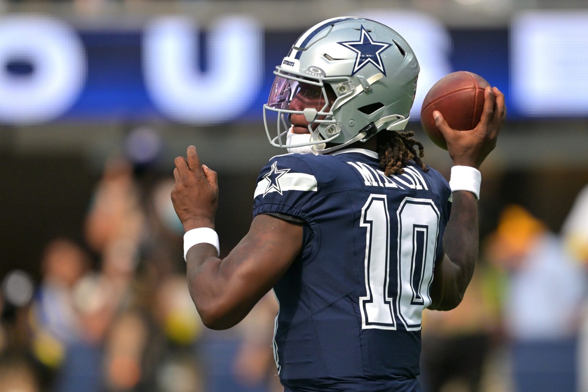 Dallas Cowboys quarterback Joe Milton III (10) throws a pass during the first half against the Los Angeles Rams at SoFi Stadium.