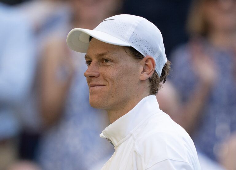 Jannik Sinner of Italy at his post match interview after winning his match against Novak Djokovic of Serbia on day 12 at All England Lawn Tennis and Croquet Club.