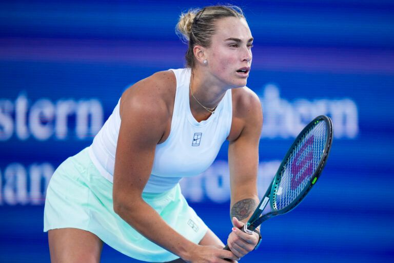 Aryna Sabalenka (BLR) awaits the serve from Marketa Vondrousova (CZE) during the Cincinnati Open at the Lindner Family Tennis Center.