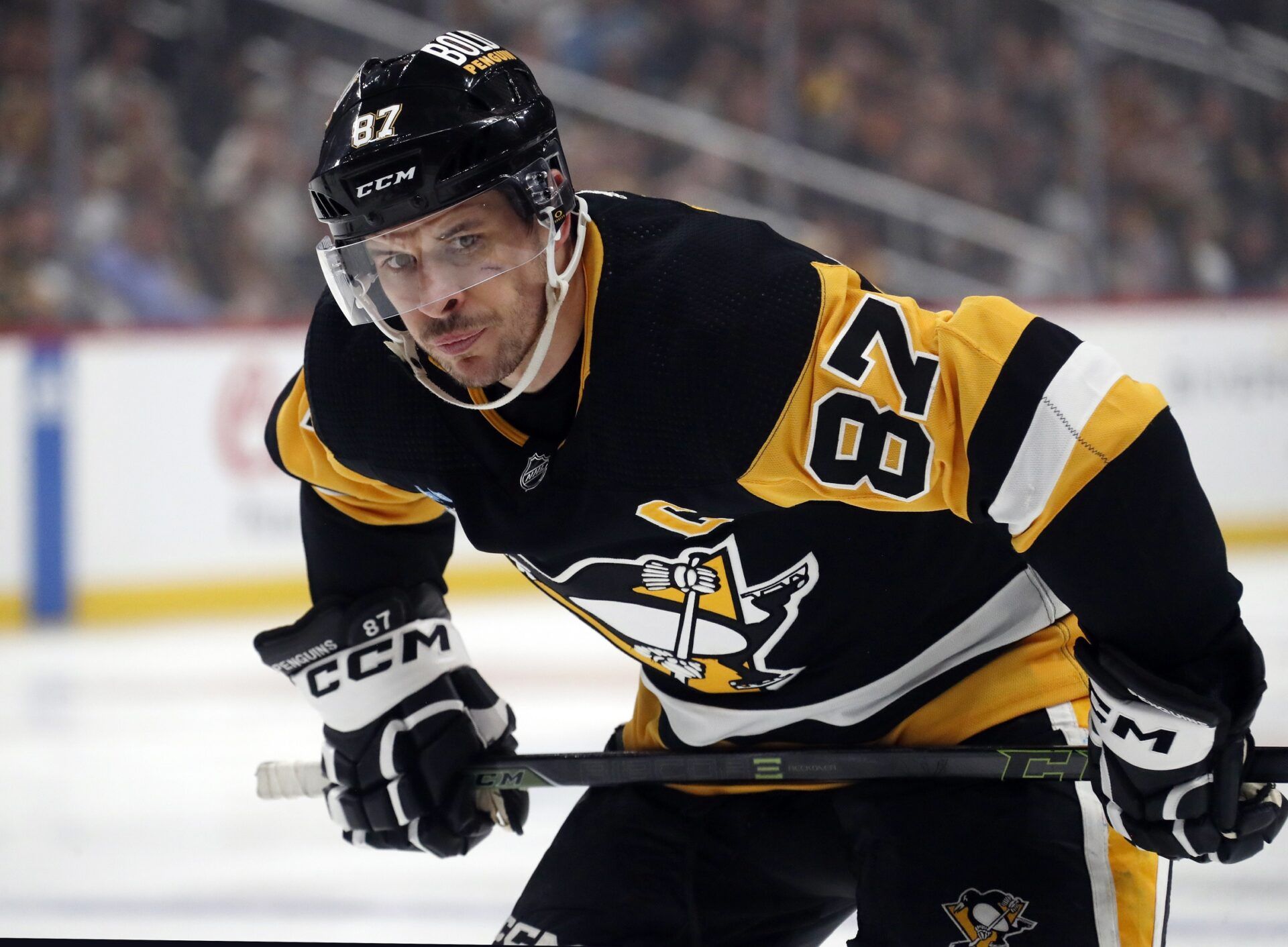 Pittsburgh Penguins center Sidney Crosby (87) prepares for a face-off against the Buffalo Sabres during the first period at PPG Paints Arena.