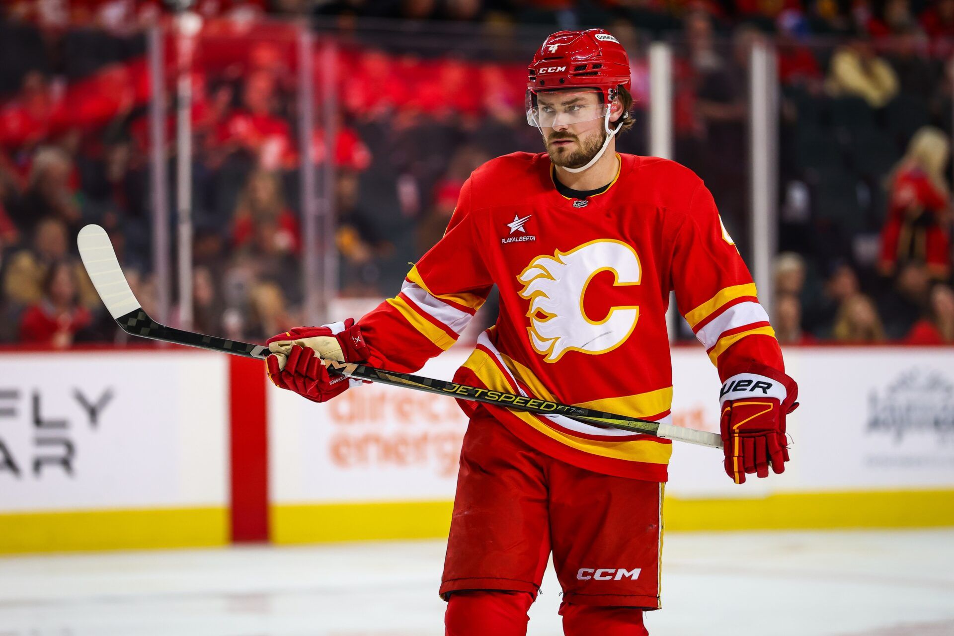 Calgary Flames defenseman Rasmus Andersson (4) against the Minnesota Wild during the second period at Scotiabank Saddledome.
