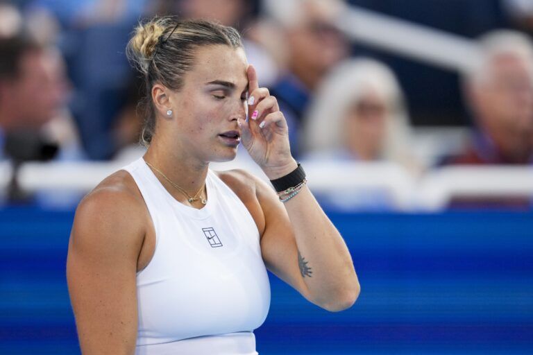 Aryna Sabalenka (BLR) reacts after returning a shot against Marketa Vondrousova (CZE) during the Cincinnati Open at the Lindner Family Tennis Center.