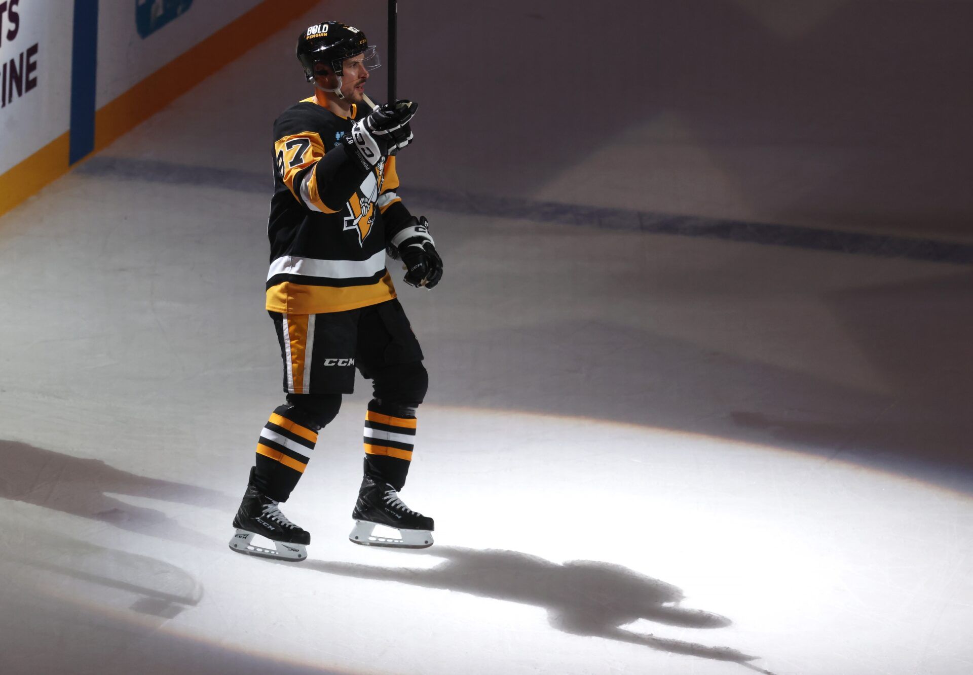 Pittsburgh Penguins center Sidney Crosby (87) reacts after being named a star of the game against the Washington Capitals at PPG Paints Arena.