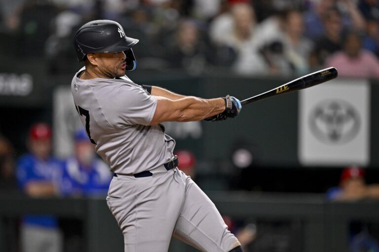 New York Yankees designated hitter Giancarlo Stanton (27) in action during the game between the Texas Rangers and the New York Yankees at Globe Life Field.