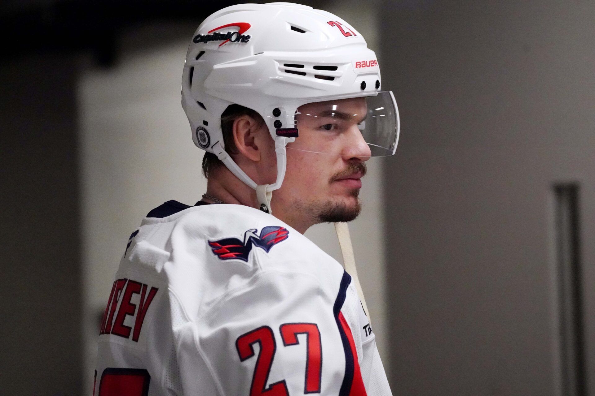 Washington Capitals defenseman Alexander Alexeyev (27) takes the ice for warmups against the San Jose Sharks at SAP Center at San Jose.