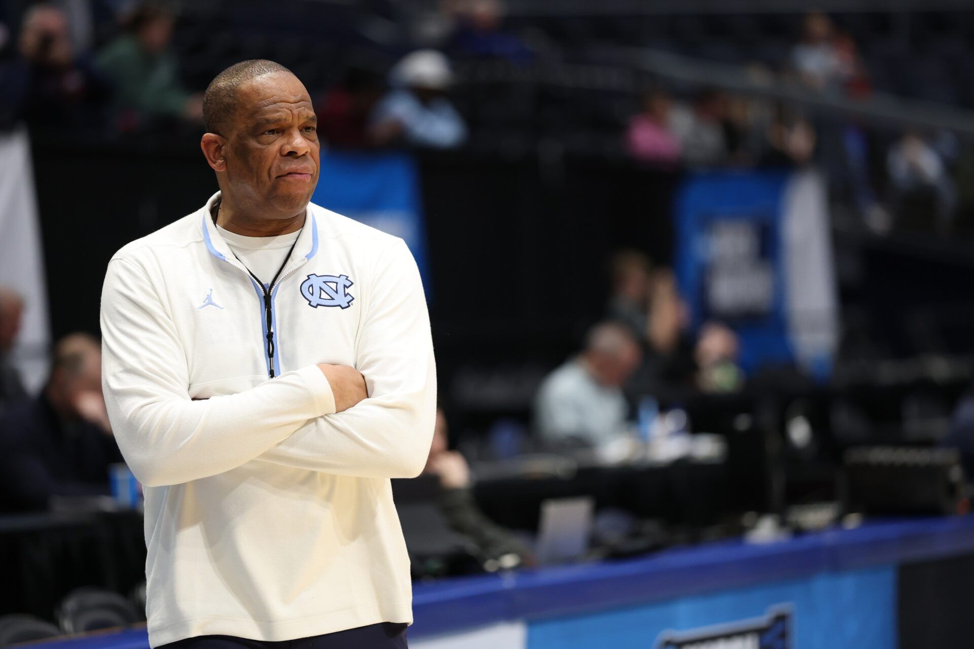 North Carolina Tar Heels head coach Hubert Davis looks on during the First Four Practice at UD Arena.
