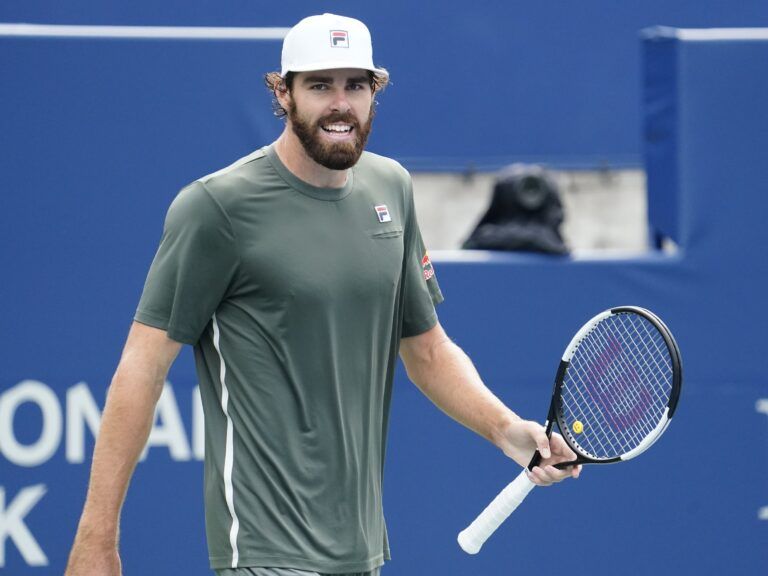 Reilly Opelka of the United States reacts after defeating Roberto Bautista Agut of Spain (not pictured) at Aviva Centre.
