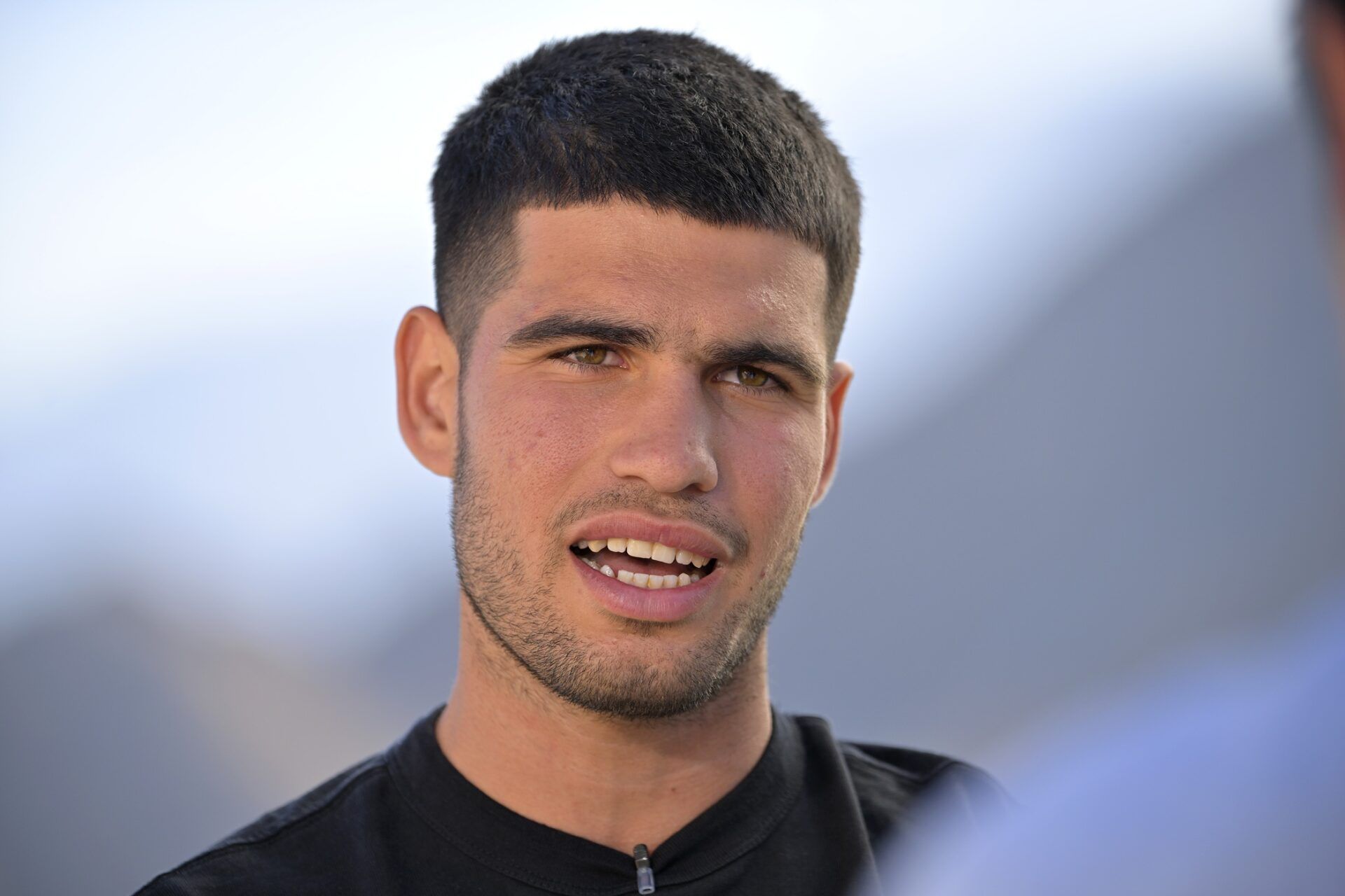 Carlos Alcaraz (ESP) is interviewed by media during the BNP Paribas Open at the Indian Well Tennis Garden.