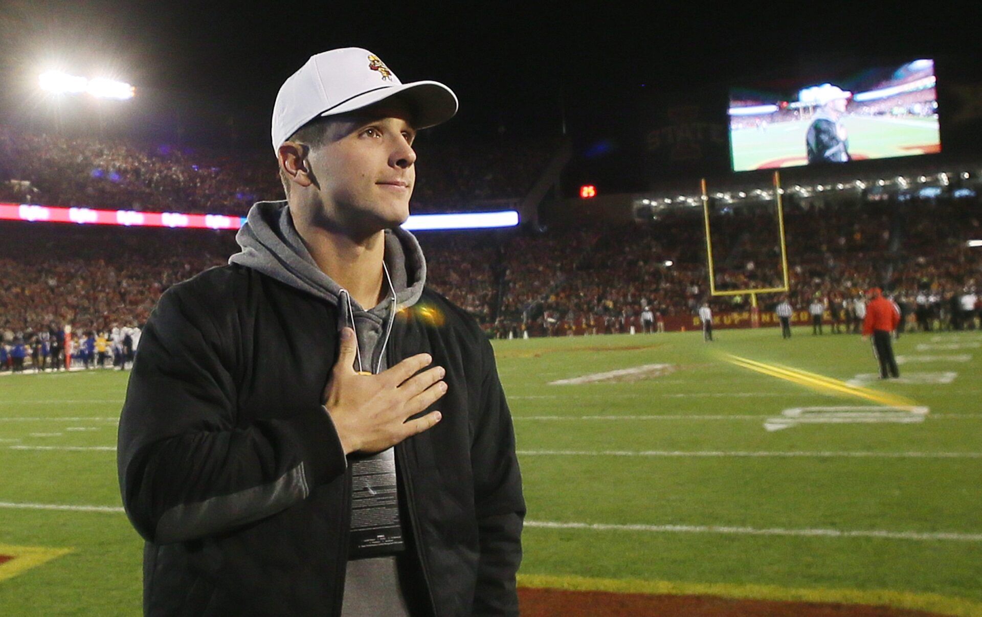 Former Iowa State and San Francisco 49ers quarterback Brock Purdy waves to the crowd as introduced during Iowa State and Kansas football at Jack Trice Stadium on Saturday, Nov. 4, 2023, in Ames, Iowa.