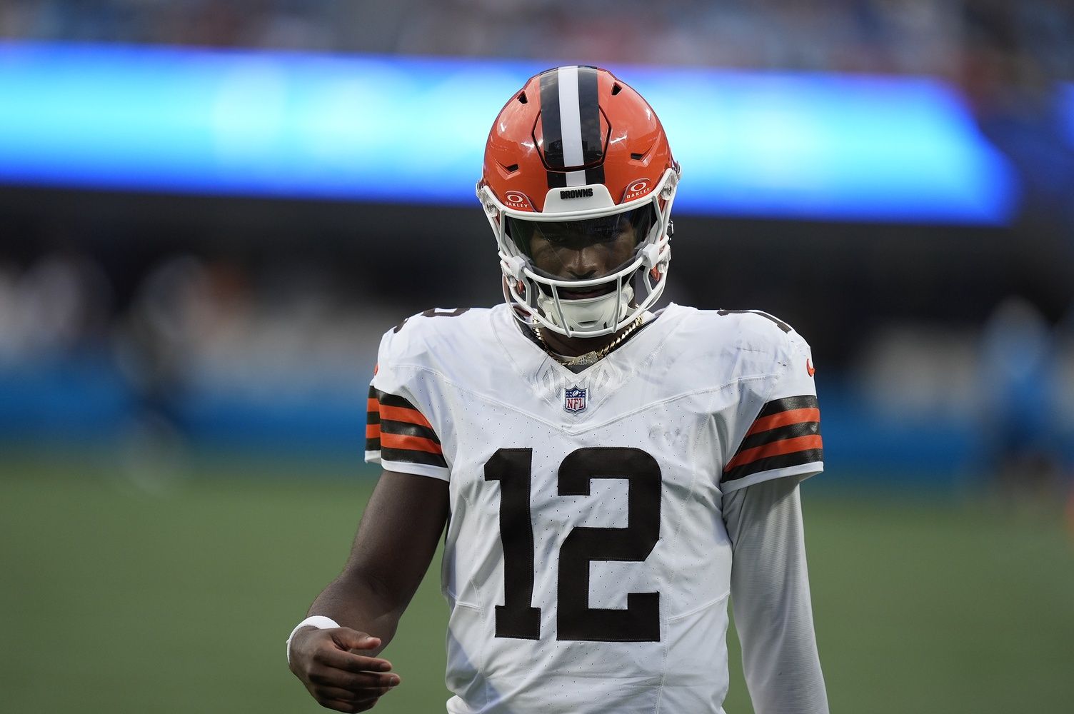 Cleveland Browns quarterback Shedeur Sanders (12) takes the field in the second quarter against the Carolina Panthers at Bank of America Stadium.