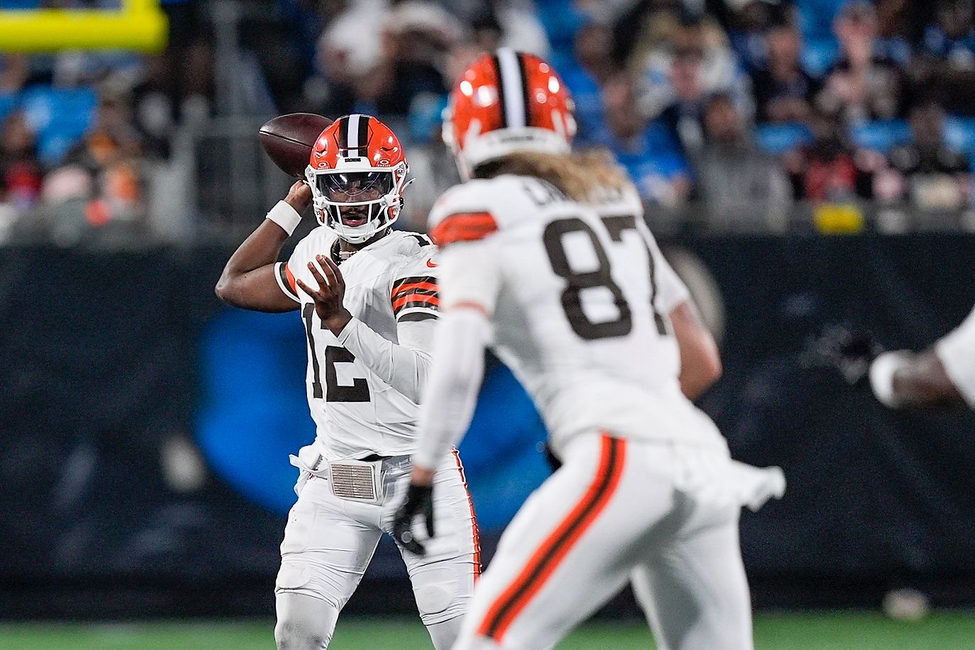 Cleveland Browns quarterback Shedeur Sanders (12) throws to tight end Sal Cannella (87) during the second half against the Carolina Panther at Bank of America Stadium.