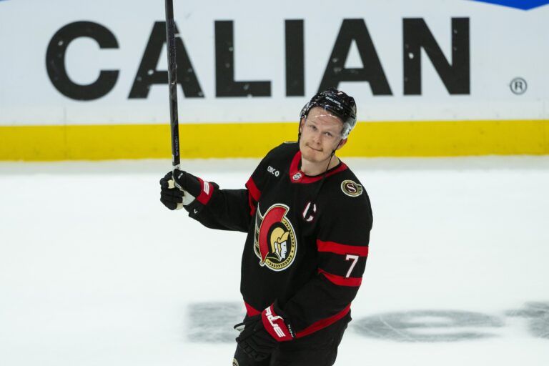 Ottawa Senators left wing Brady Tkachuk (7) acknowledges the crowd following the team loss against the Toronto Maple Leafs in game six of the first round of the 2025 Stanley Cup Playoffs at Canadian Tire Centre.