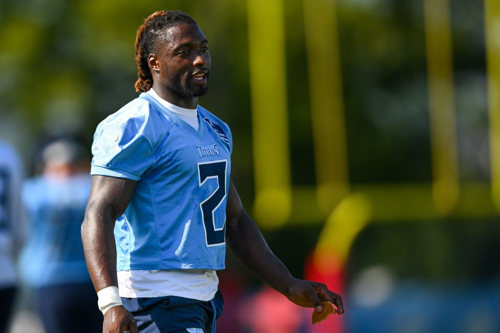 Tennessee Titans running back Tyjae Spears (2) talking during training camp at Ascension Saint Thomas Sports Park.
