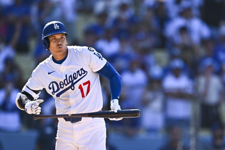 Los Angeles Dodgers designated hitter Shohei Ohtani (17) reacts after hitting a foul ball against the Toronto Blue Jays during the ninth inning at Dodger Stadium.