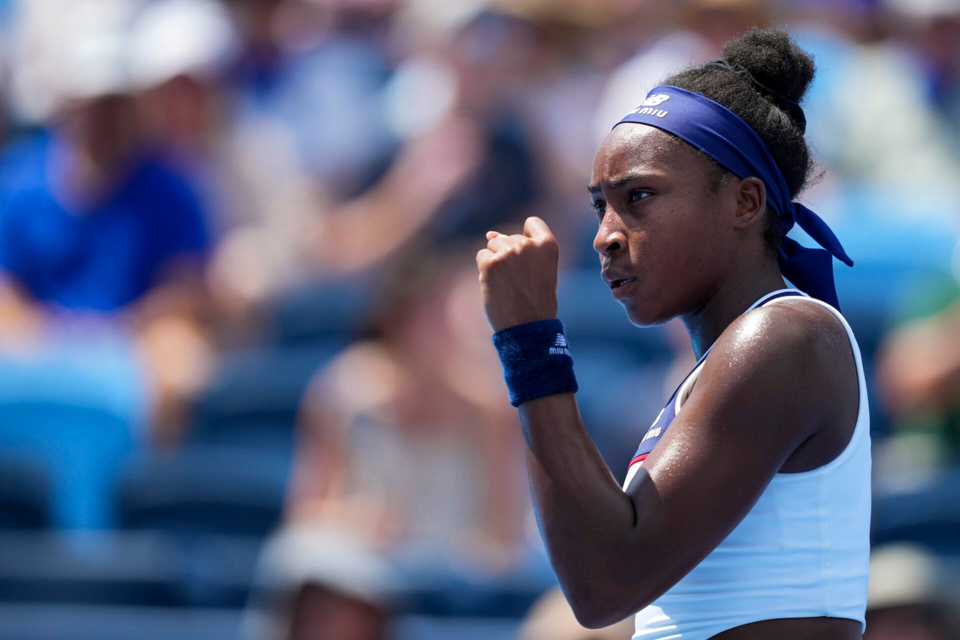 Coco Gauff (USA) reacts after returning a shot against Wang Xinyu (CHN) during the Cincinnati Open at the Lindner Family Tennis Center.