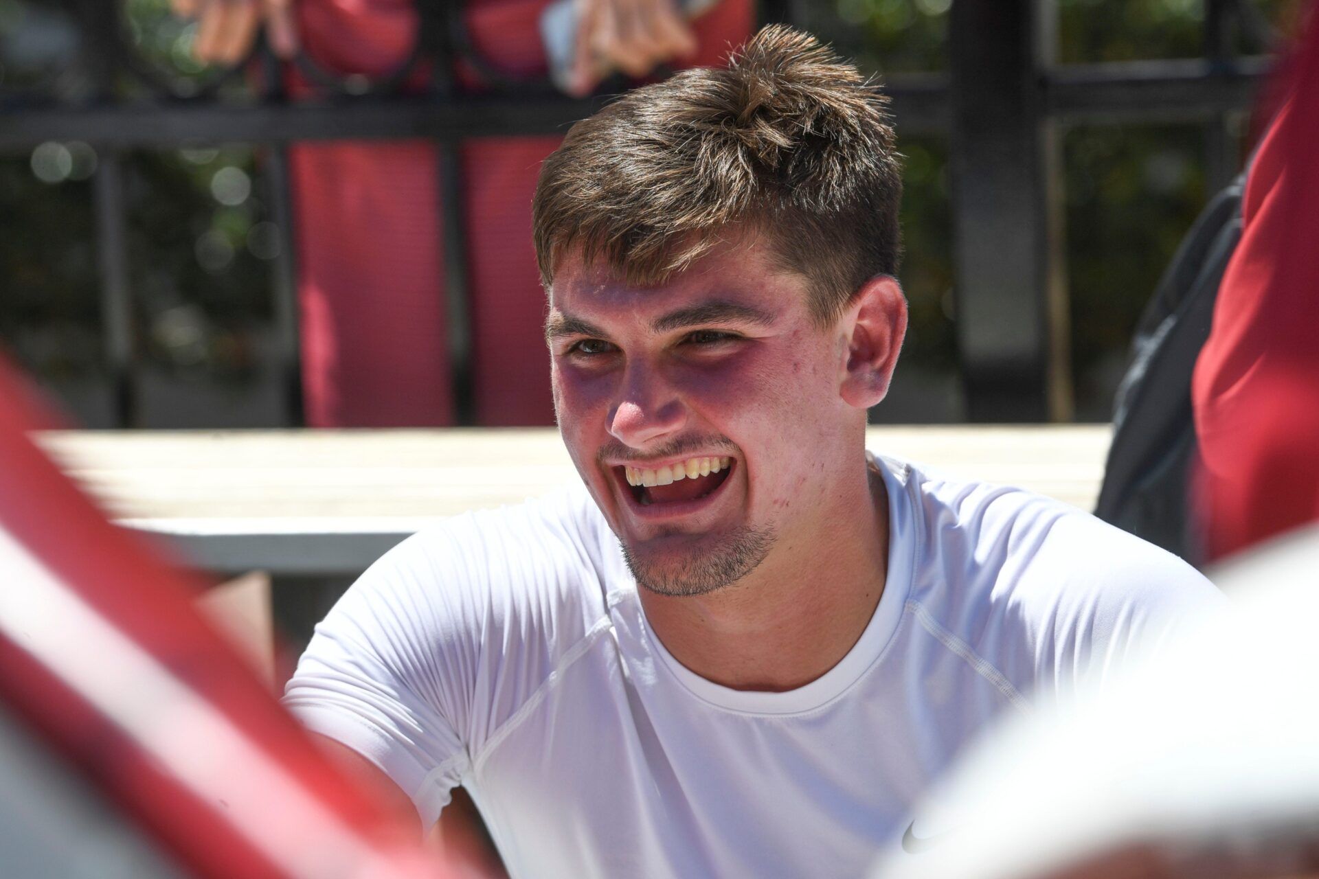 Fans have a chance to get autographs from players and Coach Kalen DeBoer at Bryant-Denny Stadium Sunday, Aug. 11, 2024, during Fan Day. Alabama quarterback Ty Simpson (15) laughs with a fan. IMAGN