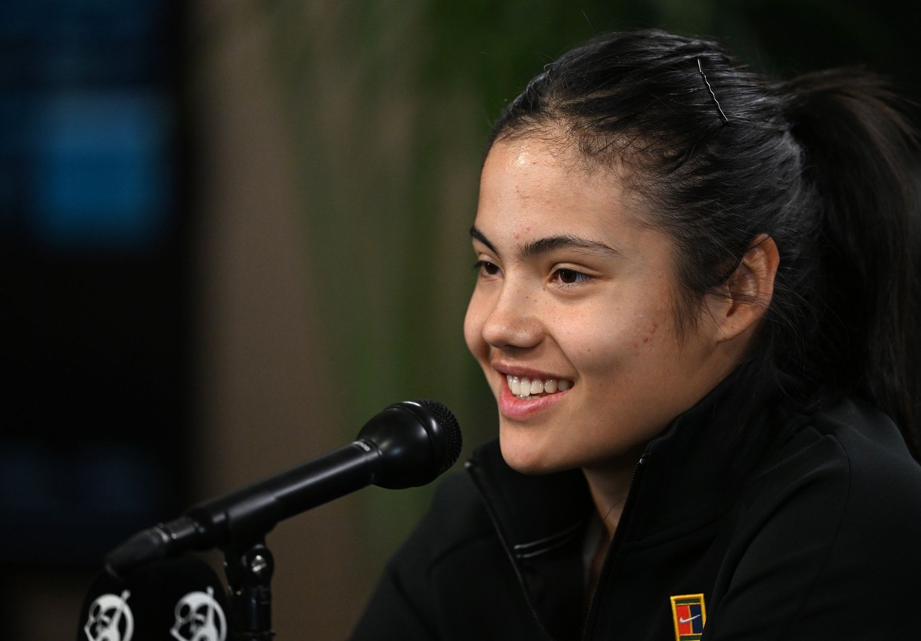 Emma Raducanu (GBR) answers questions during a media interview at the BNP Paribas Open at Indian Wells Tennis Garden.