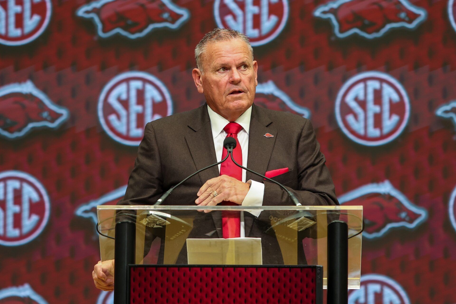 Arkansas Razorbacks head coach Sam Pittman talks to the media during the SEC Media Days at Omni Atlanta Hotel.