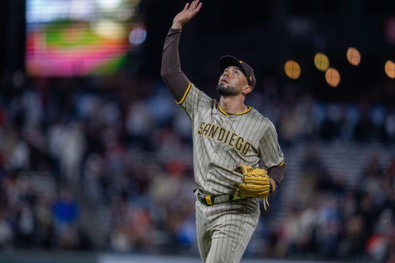 San Diego Padres pitcher Robert Suarez (75) celebrates after the game against the San Francisco Giants at Oracle Park.