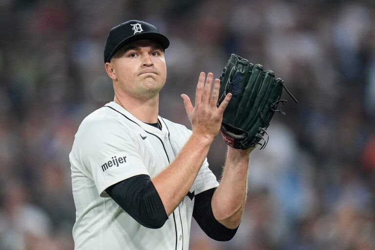 Detroit Tigers pitcher Tarik Skubal (29) walks off the field after a pitching change against Chicago Cubs during the eighth inning at Comerica Park in Detroit on Friday, June 6, 2025.