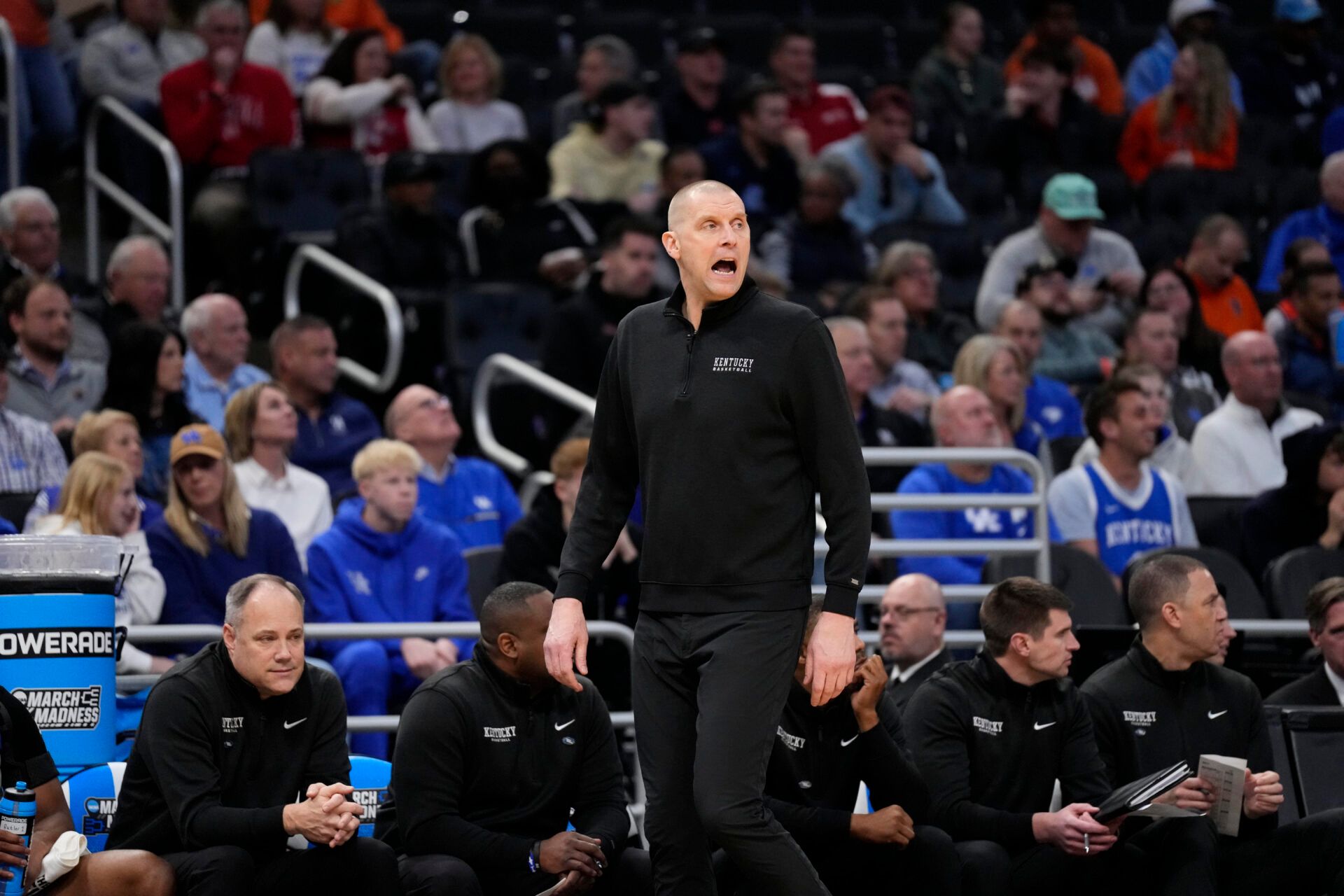 Kentucky Wildcats head coach Mark Pope watches play downcourt during the first half against the Troy Trojans at Fiserv Forum.
