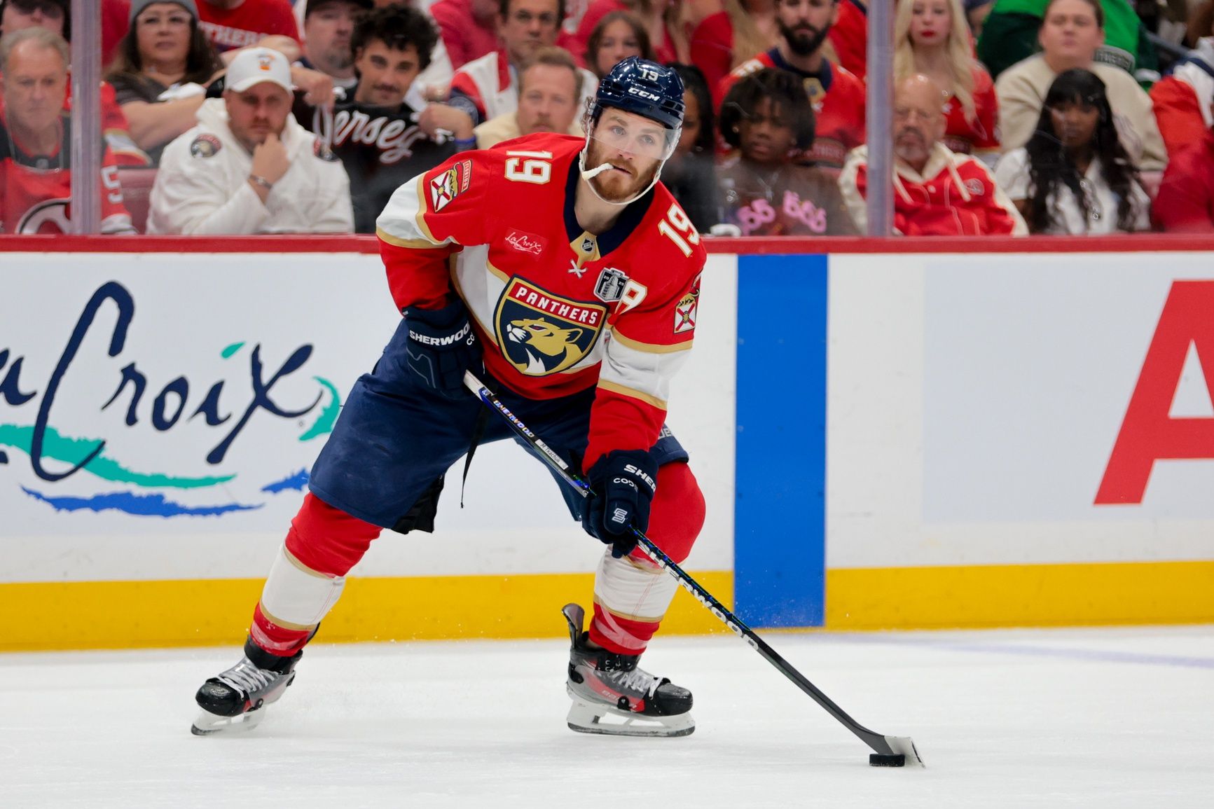 Florida Panthers left wing Matthew Tkachuk (19) controls the puck against the Edmonton Oilers during the second period in game six of the 2025 Stanley Cup Final at Amerant Bank Arena.