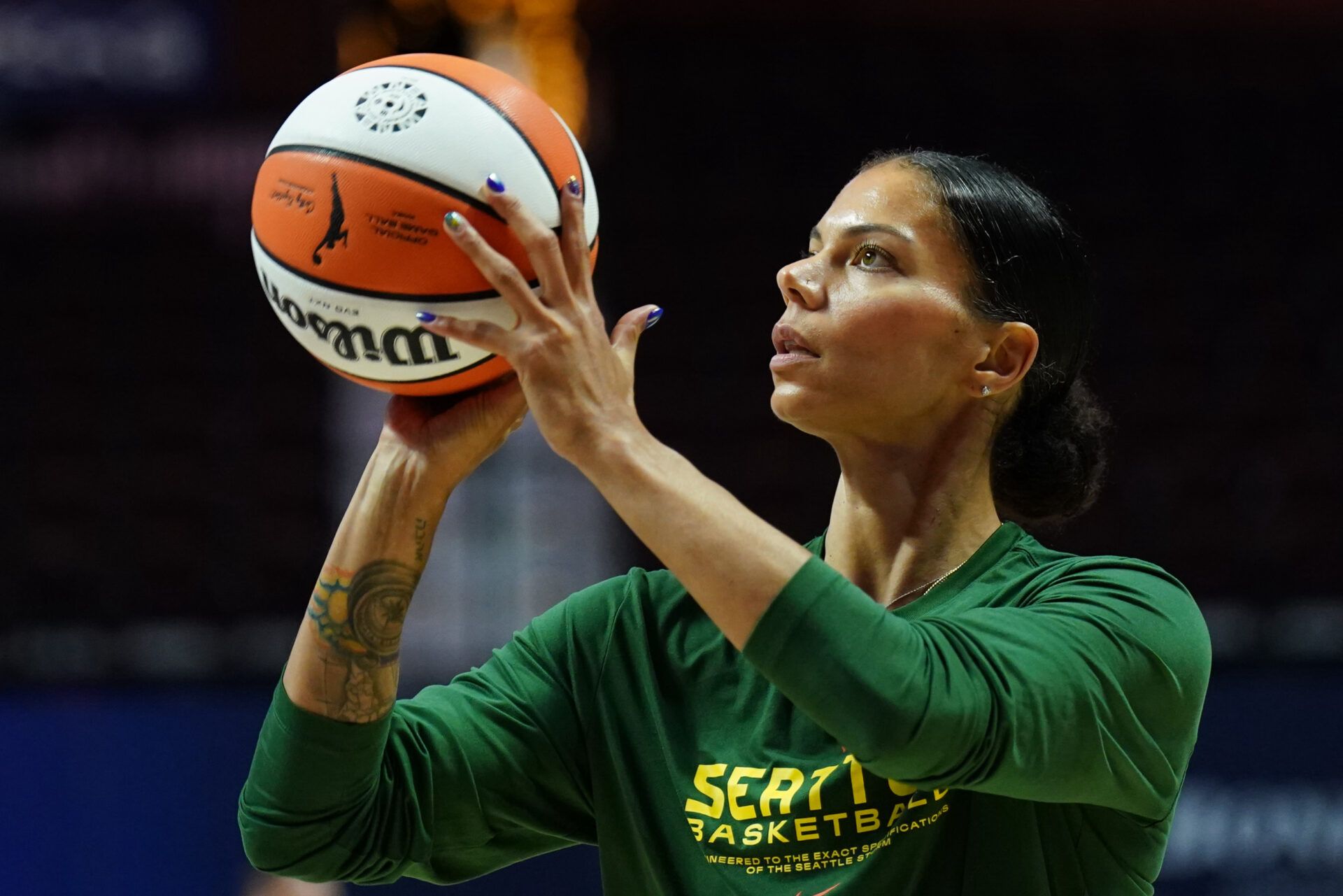 Seattle Storm forward Alysha Clark (32) warms up before the start of the game against the Connecticut Sun at Mohegan Sun Arena.