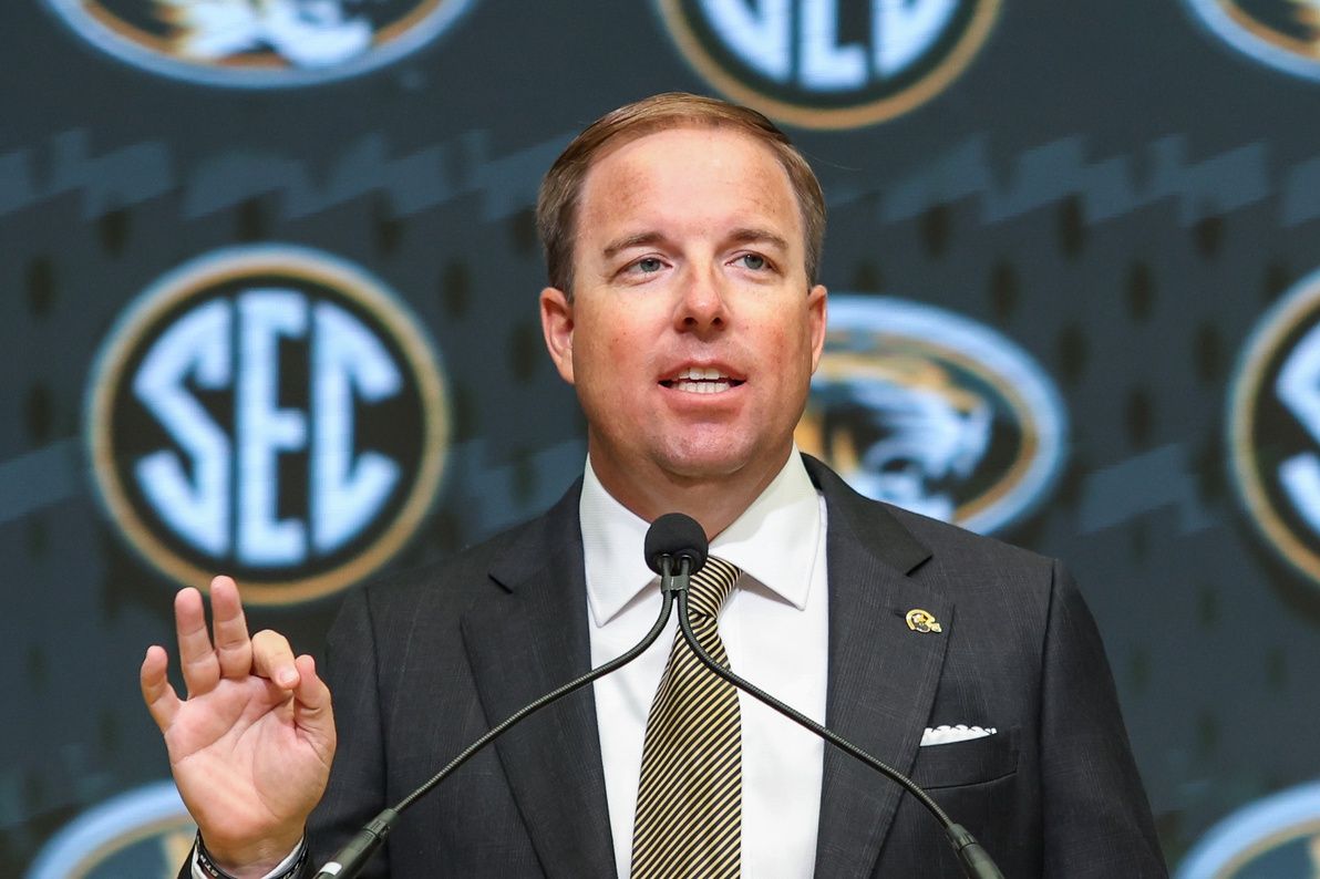 Missouri Tigers head coach Eliah Drinkwitz talks to the media during the SEC Media Days at Omni Atlanta Hotel.