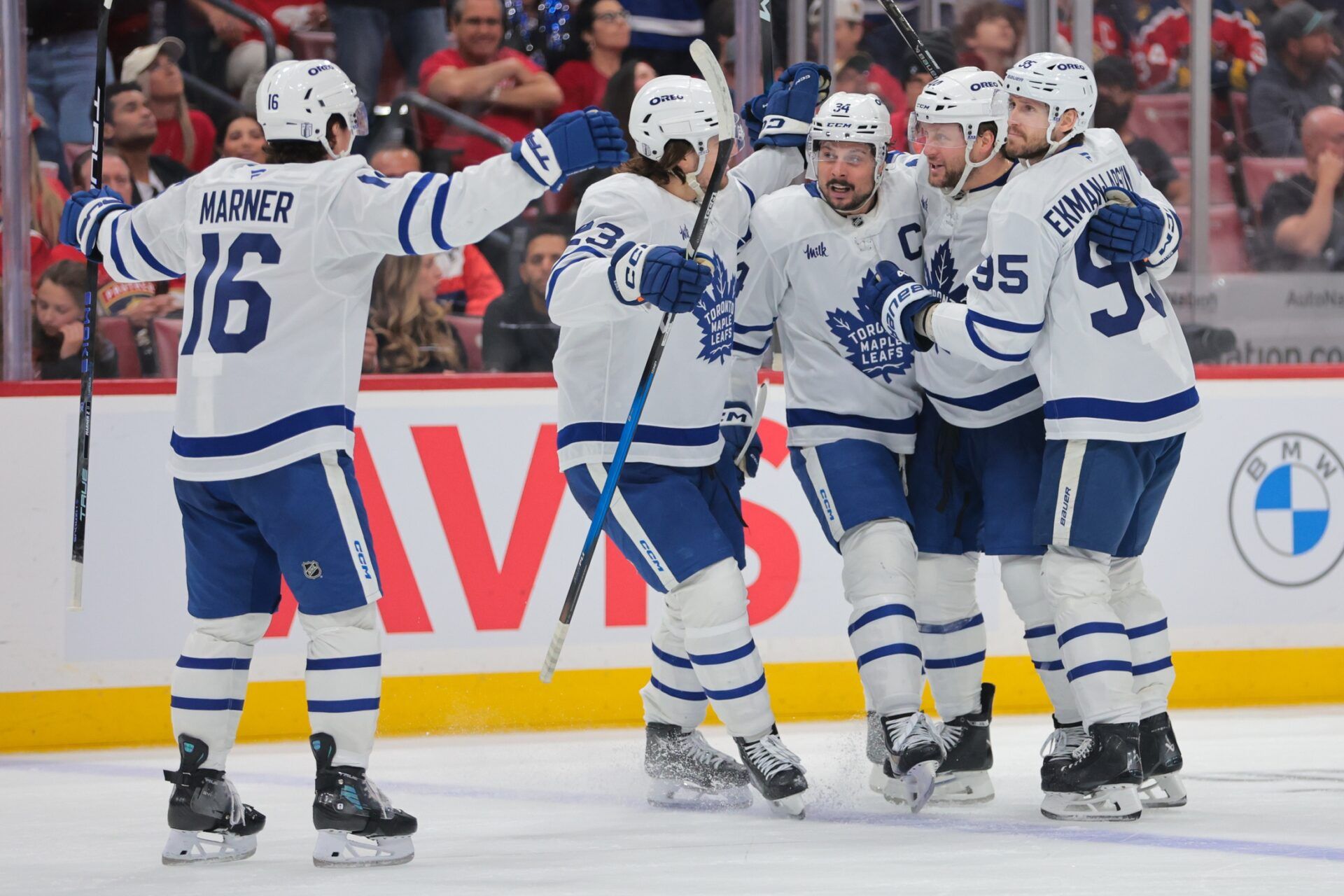 Toronto Maple Leafs defenseman Morgan Rielly (44) celebrates with teammates after scoring against the Florida Panthers during the third period in game three of the second round of the 2025 Stanley Cup Playoffs at Amerant Bank Arena.