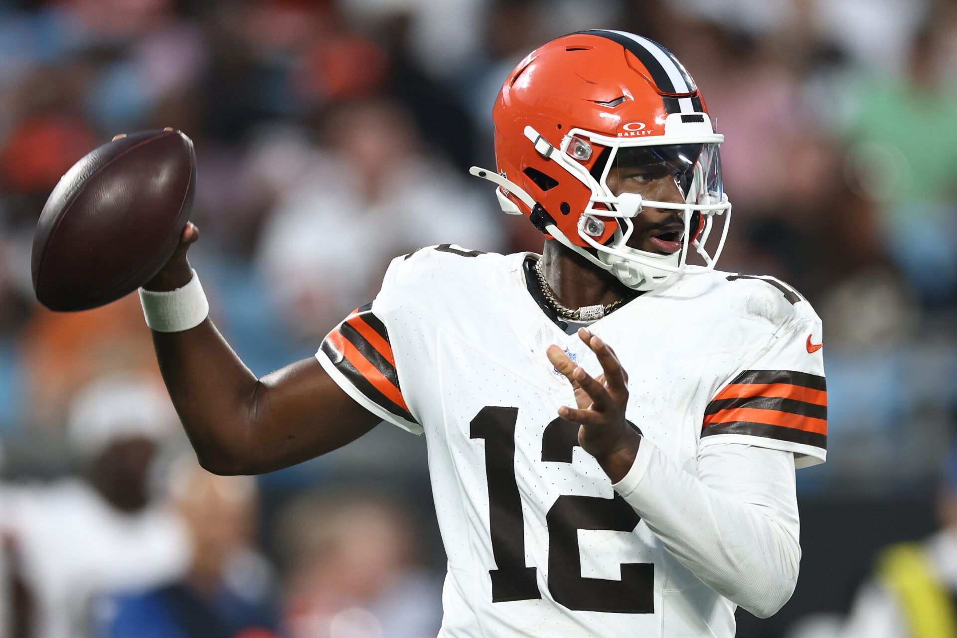 CHARLOTTE, NORTH CAROLINA - AUGUST 08: Quarterback Shedeur Sanders #12 of the Cleveland Browns drops to pass in the first half during the NFL Preseason 2025 game against the Carolina Panthers at Bank of America Stadium on August 08, 2025 in Charlotte, North Carolina. (Photo by Jared C. Tilton/Getty Images)