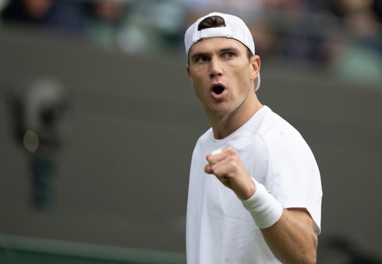 Jack Draper of Great Britain reacts to a point during his match against Marin Cilic of Croatia on day four at the All England Lawn Tennis and Croquet Club.