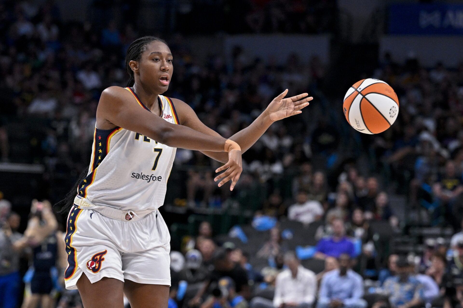 Indiana Fever forward Aliyah Boston (7) in action during the game between the Dallas Wings and the Indiana Fever at the American Airlines Center.