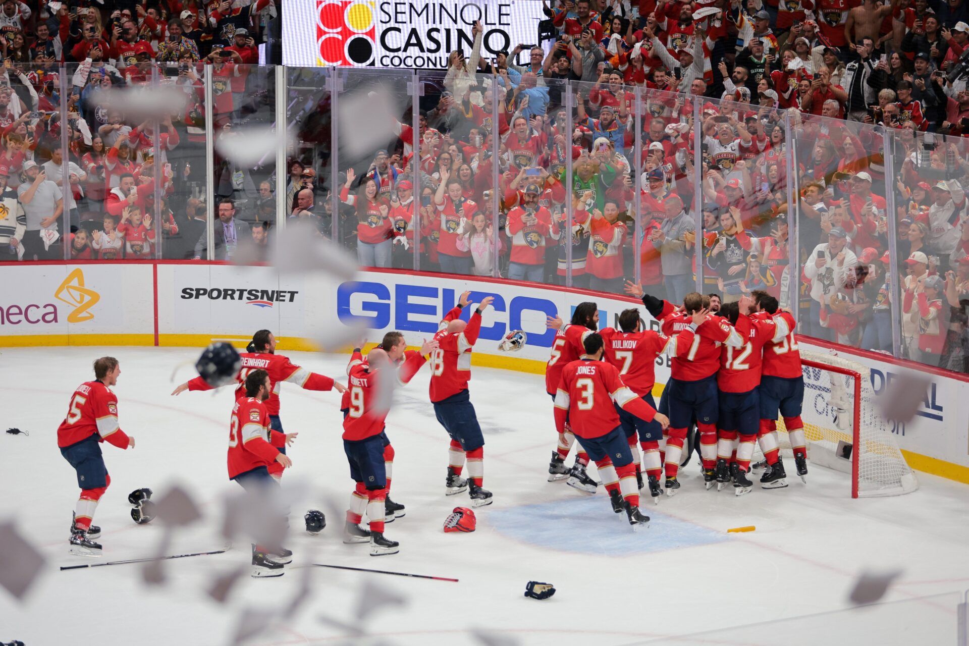 The Florida Panthers celebrate after winning game six of the 2025 Stanley Cup Final against the Edmonton Oilers at Amerant Bank Arena.