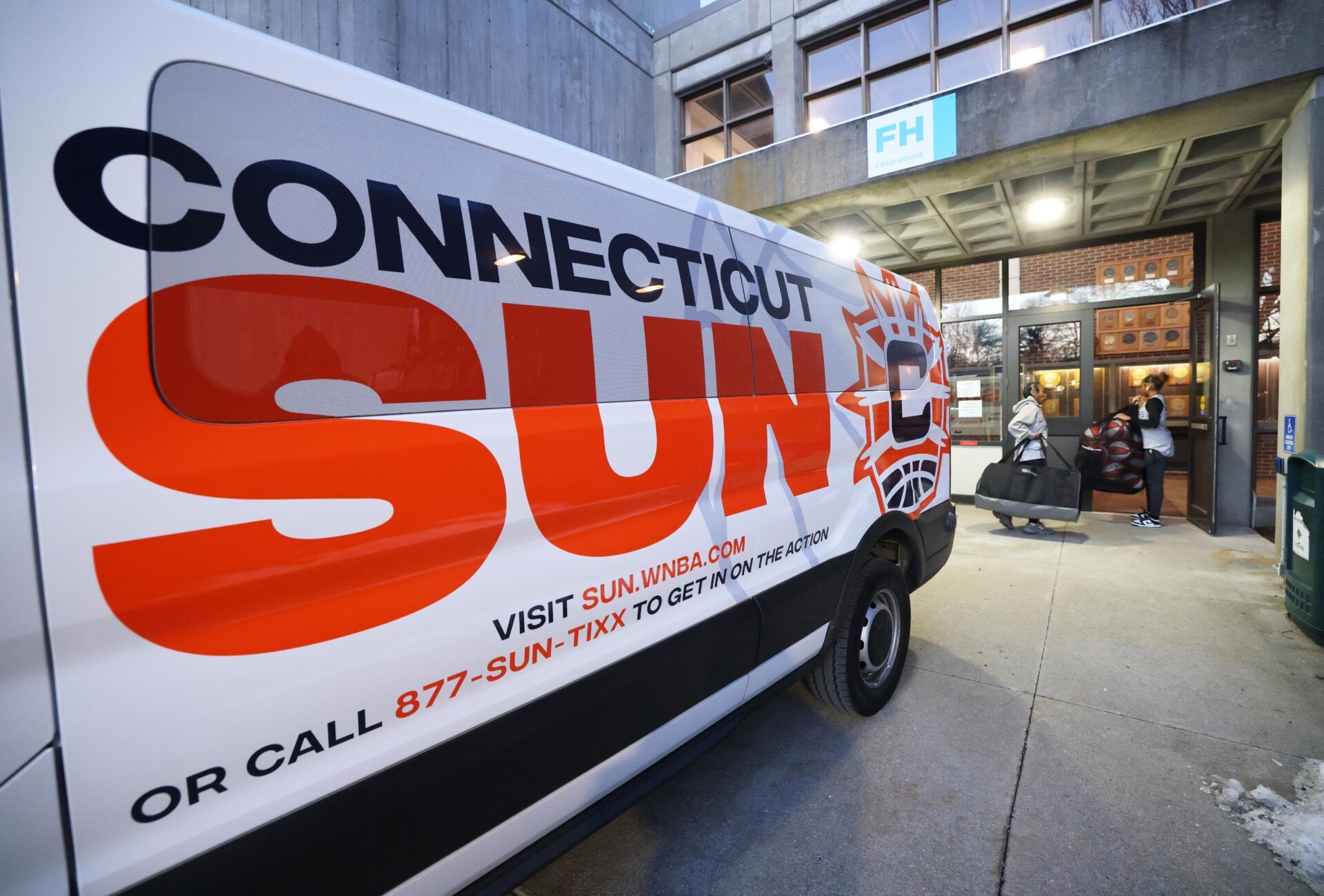 Players arrive to participate in the Connecticut Sun clinic at Massasoit Community College on Wednesday, Feb. 5, 2025.