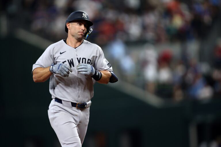 New York Yankees first baseman Paul Goldschmidt (48) rounds the bases after hitting a solo home run during the seventh inning against the Texas Rangers at Globe Life Field.