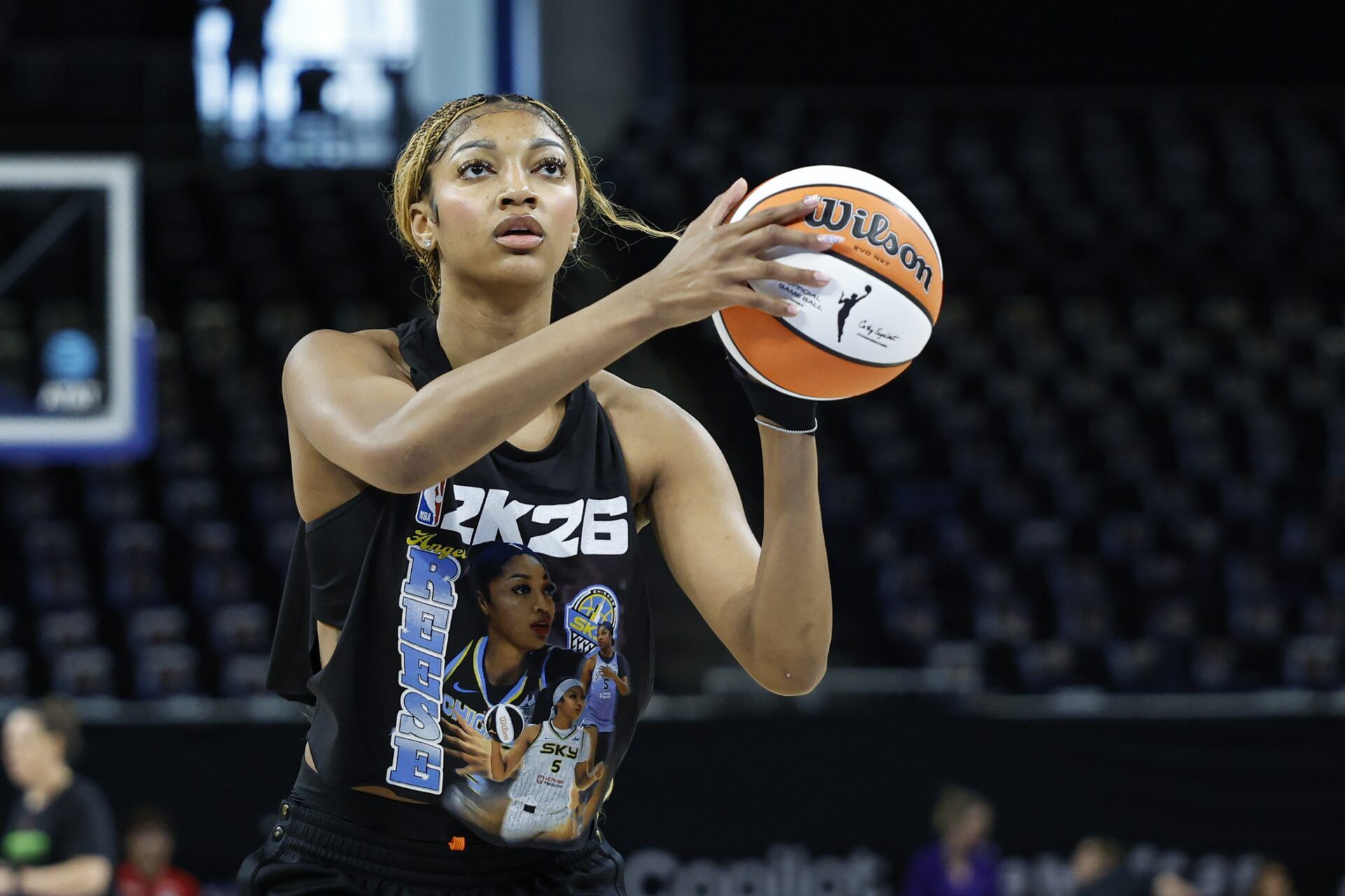 Chicago Sky forward Angel Reese (5) warms up before a WNBA game against the Minnesota Lynx at Wintrust Arena.